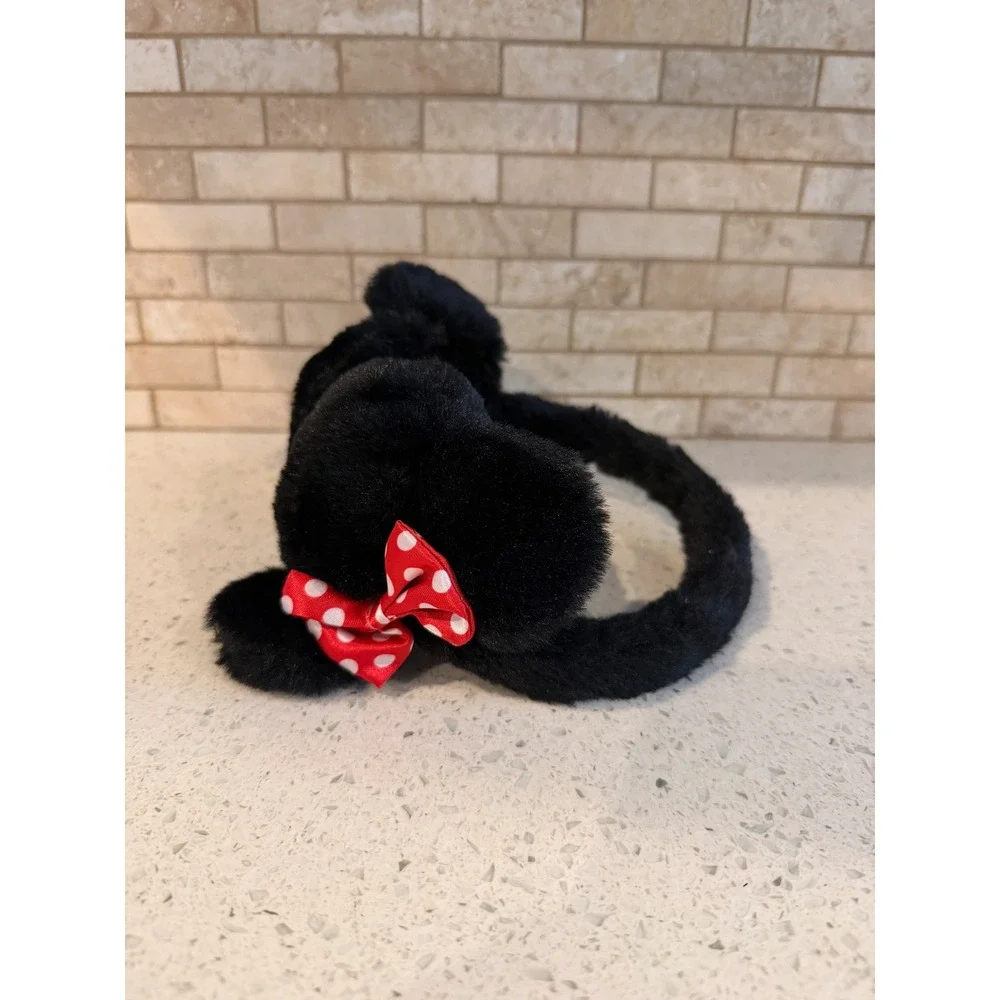 Disney Parks Minnie Mouse Earmuffs Plush Faux Fur Side Bows Black Red OSFM